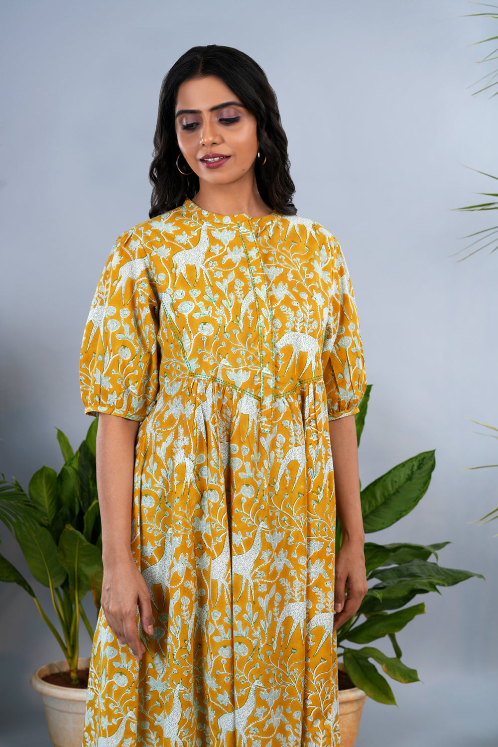 Image of Mustard yellow Sanganeri block printed Kurta set