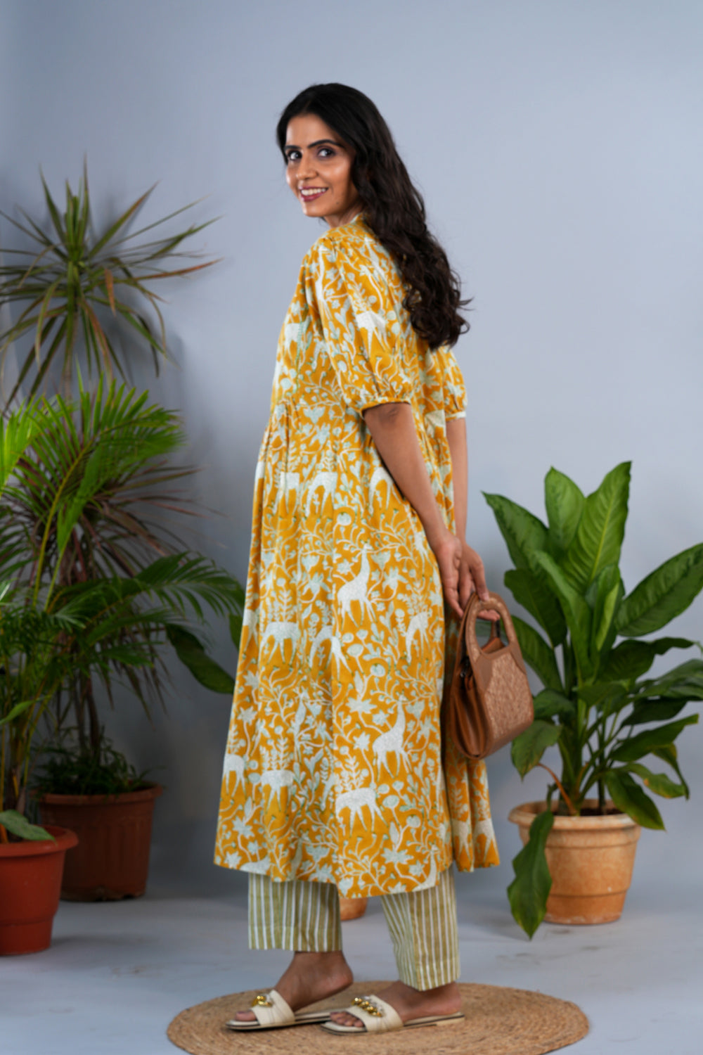 Image of Mustard yellow Sanganeri block printed Kurta set