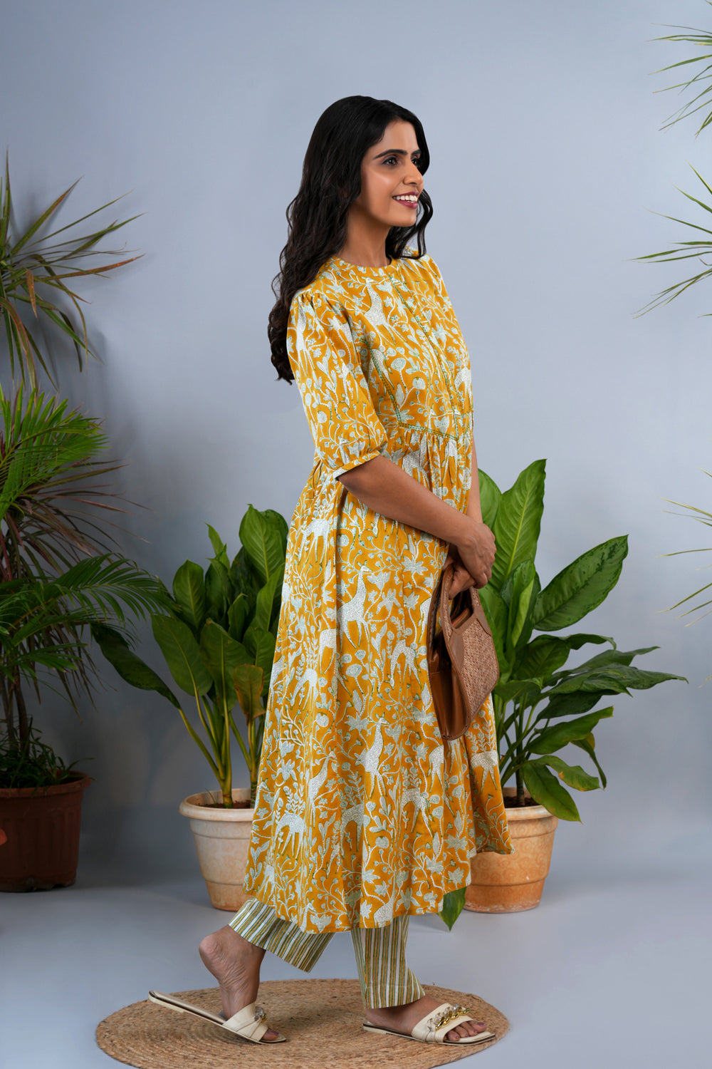 Image of Mustard yellow Sanganeri block printed Kurta set
