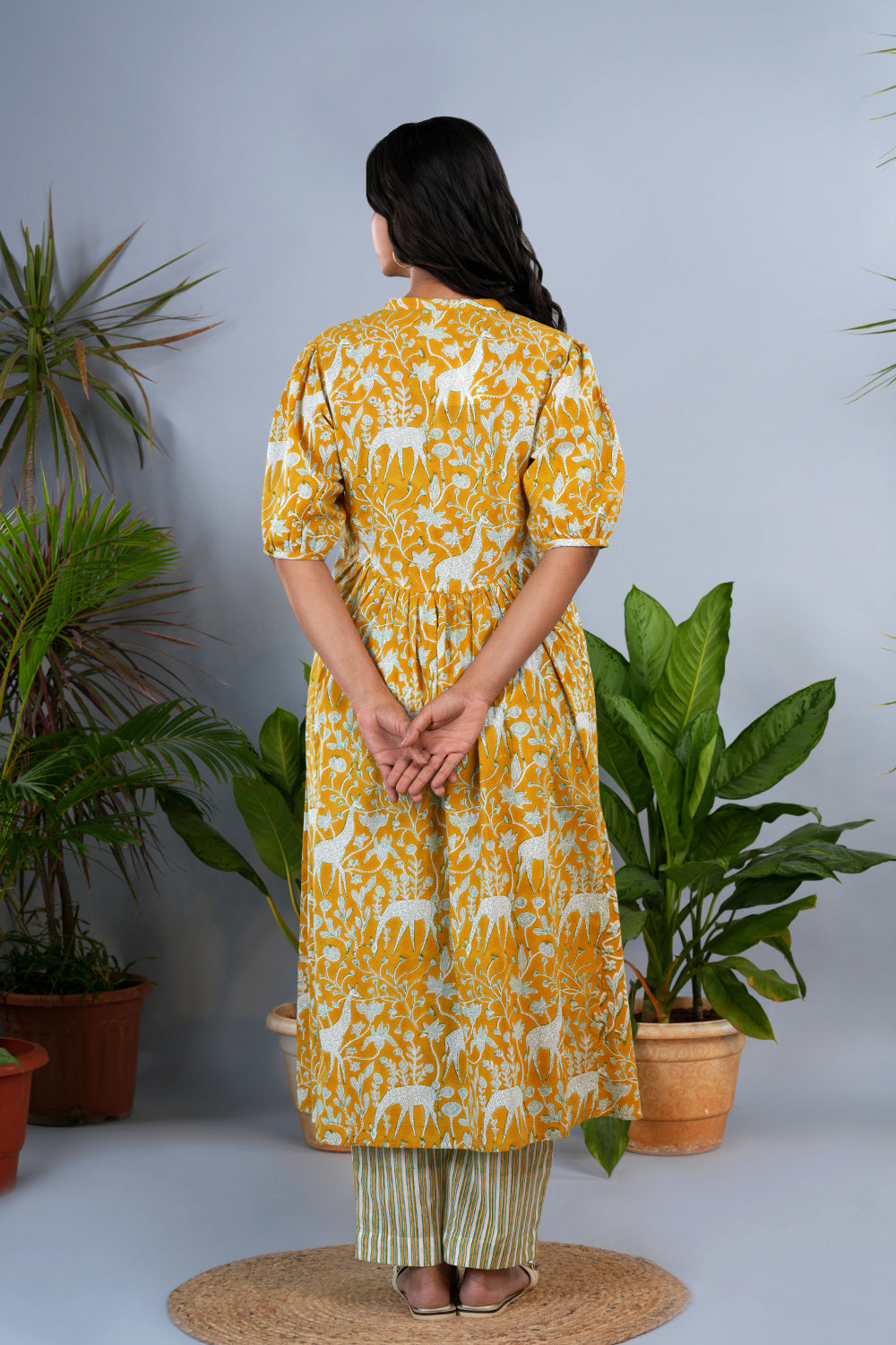Image of Mustard yellow Sanganeri block printed Kurta set