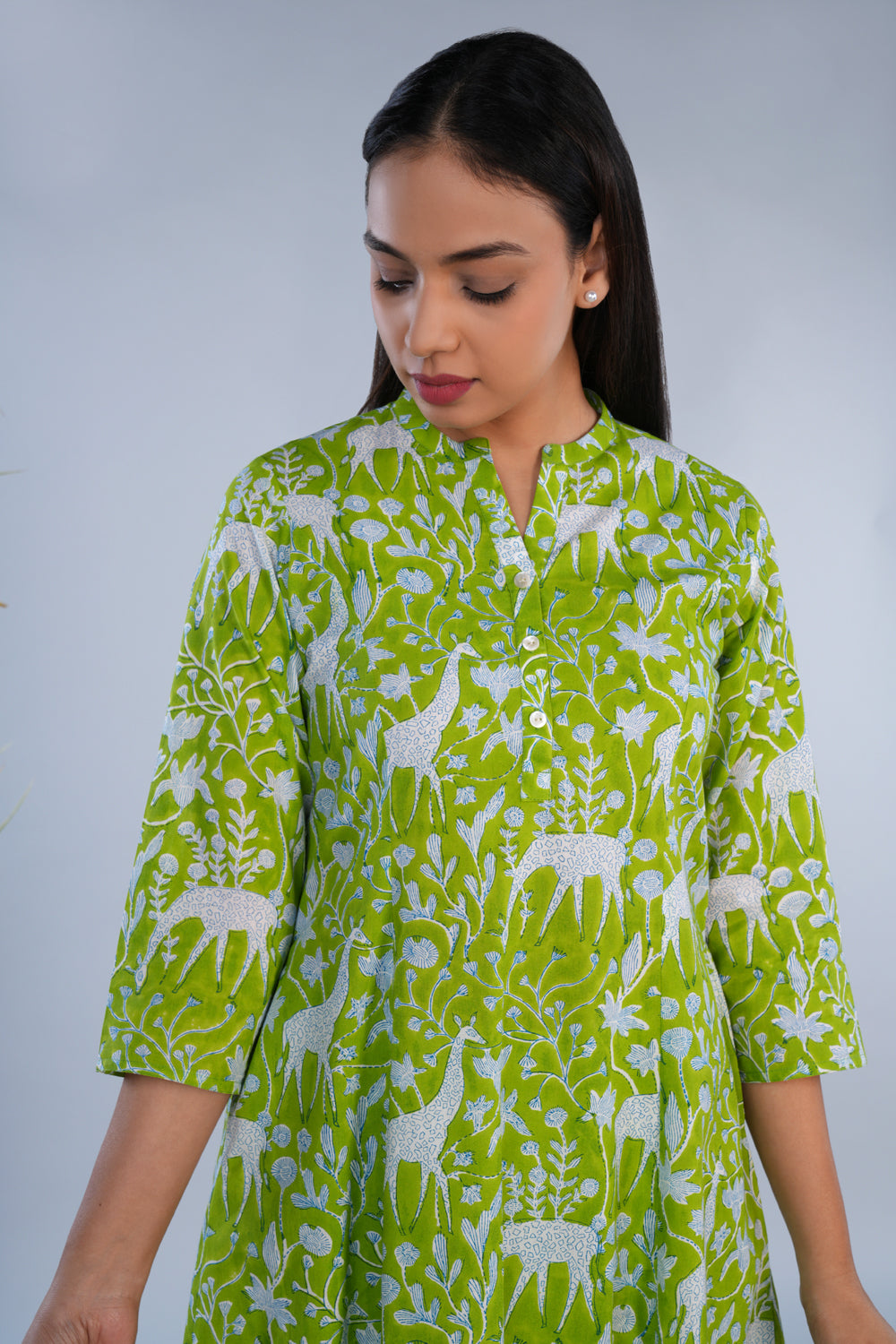 Leaf green Sanganeri block printed coordinated Kurta and pants set.