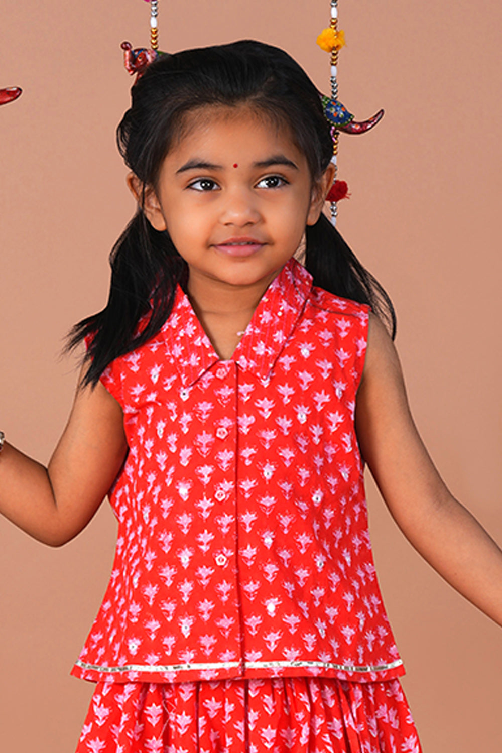 Image of Tomato red block printed ethnic Ghagra set