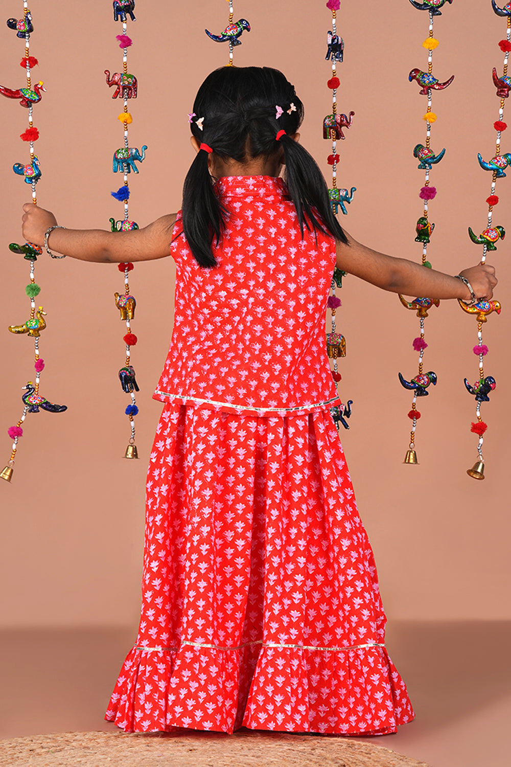 Image of Tomato red block printed ethnic Ghagra set