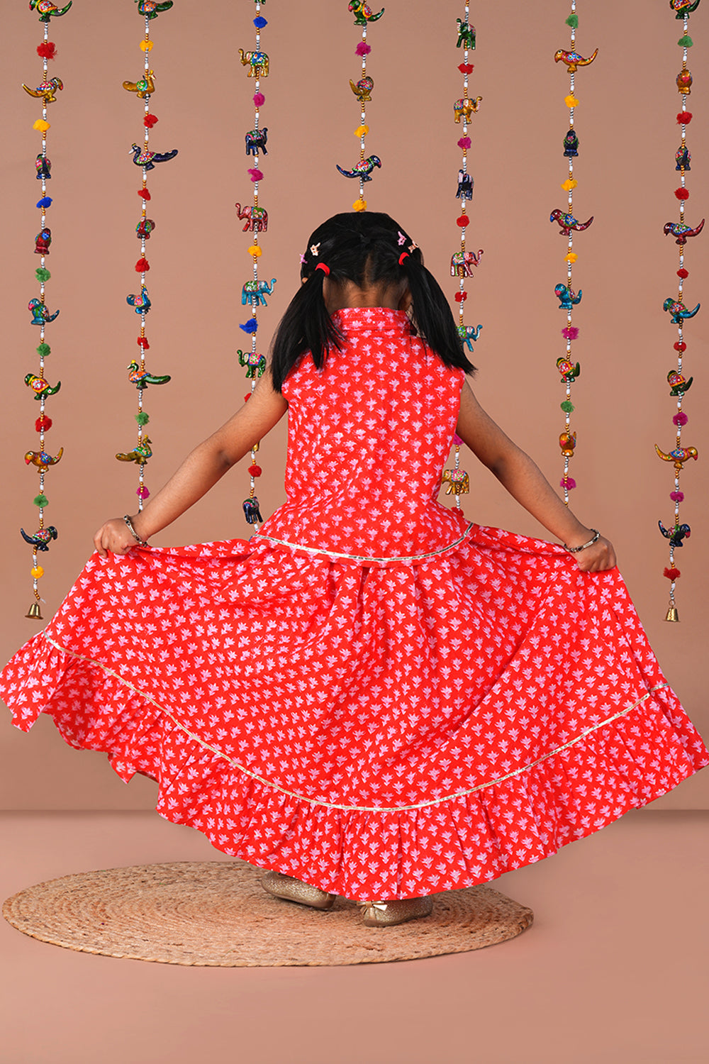 Image of Tomato red block printed ethnic Ghagra set