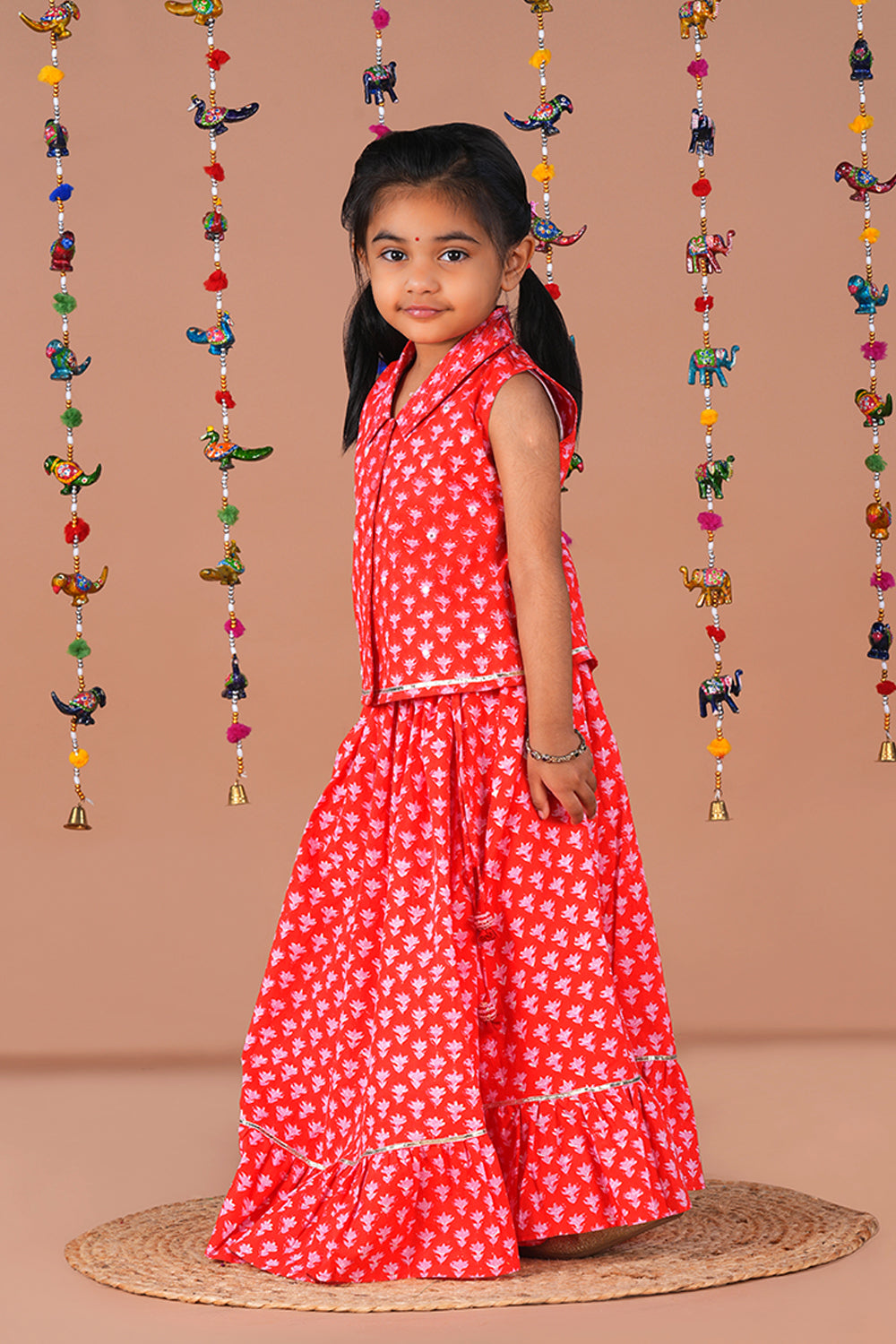 Image of Tomato red block printed ethnic Ghagra set