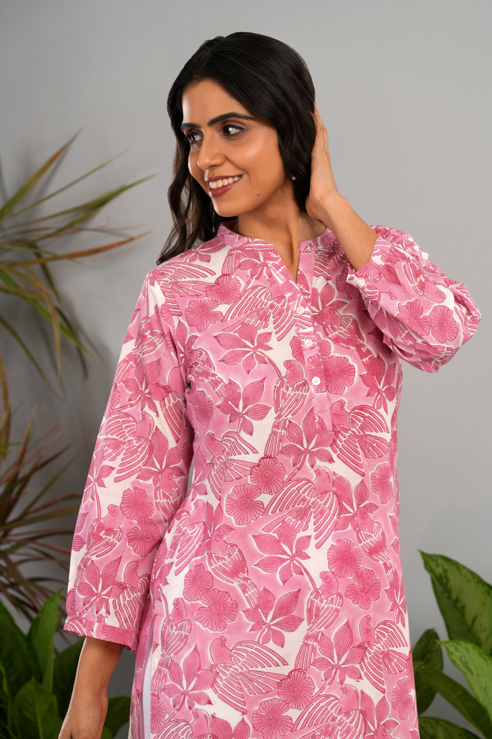 Image of Carnation pink Sanganeri block printed kurta