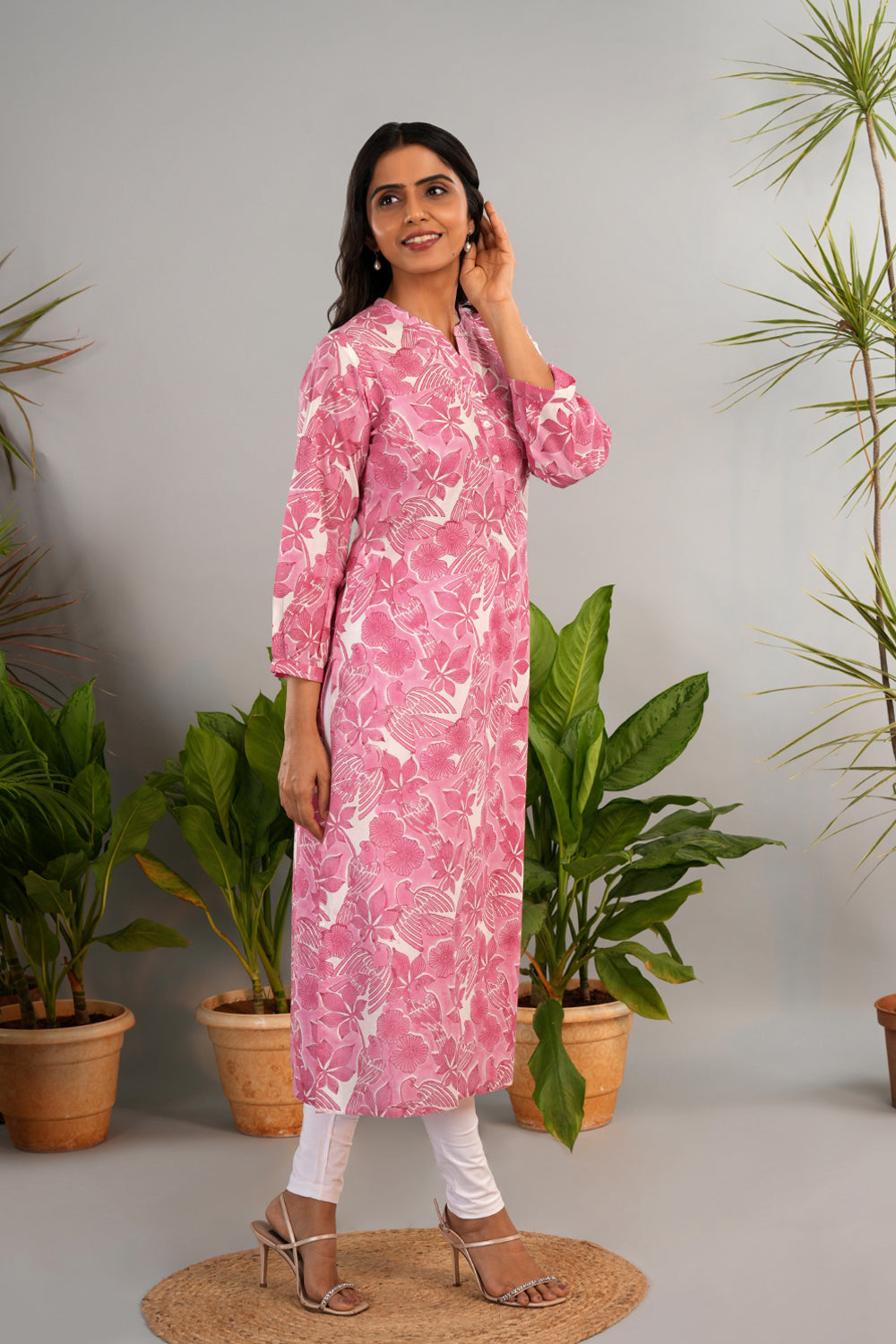 Image of Carnation pink Sanganeri block printed kurta
