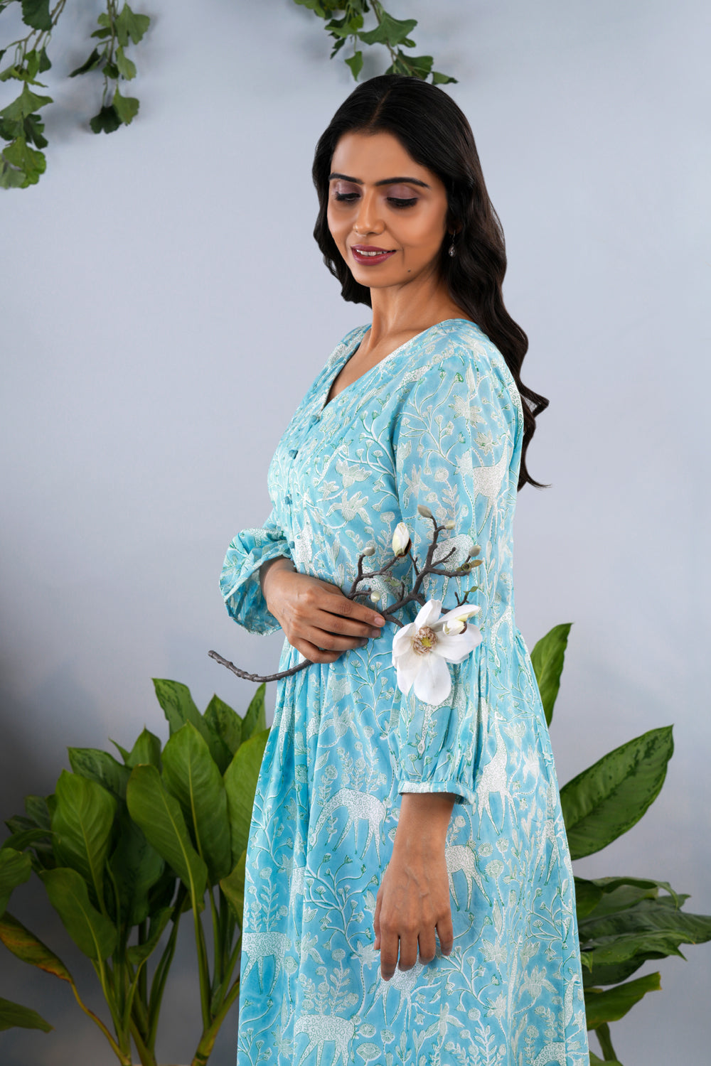 Image of Ice blue block printed cotton dress