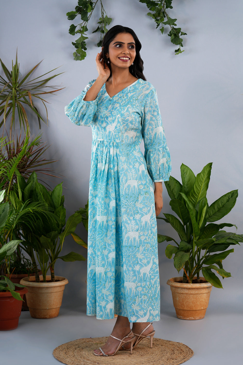 Image of Ice blue block printed cotton dress