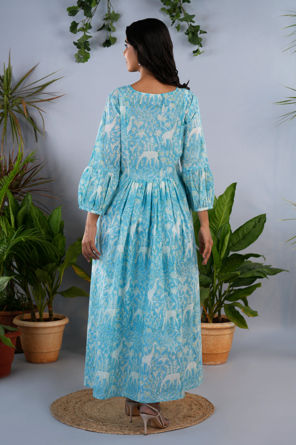 Image of Ice blue block printed cotton dress