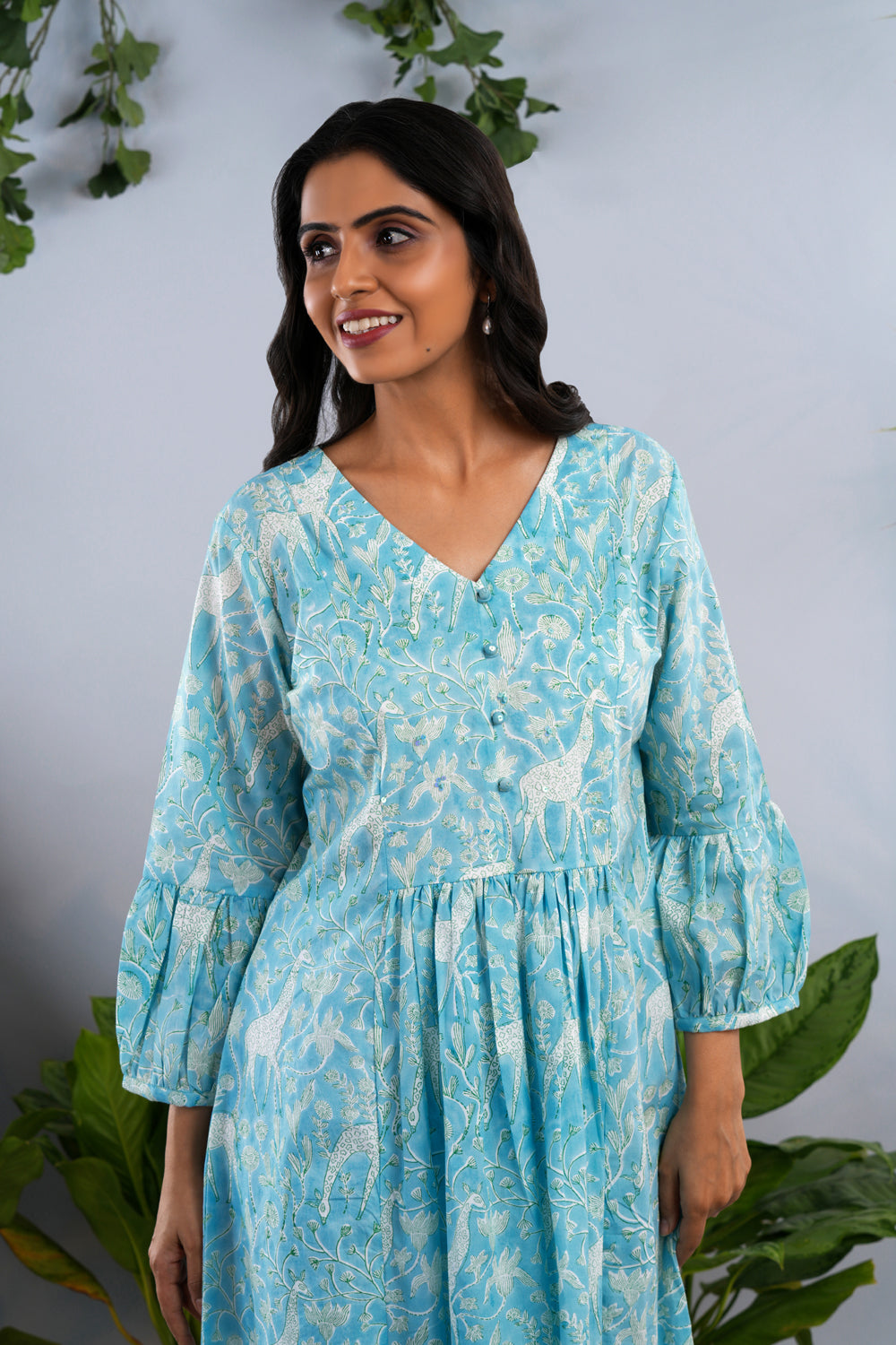 Image of Ice blue block printed cotton dress
