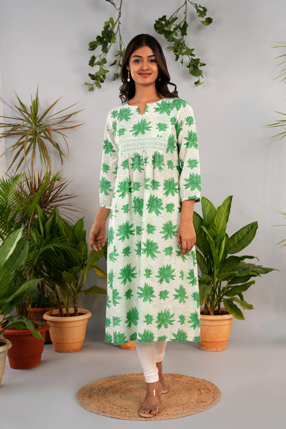 Image of Sap Green Sanganeri block printed kurta