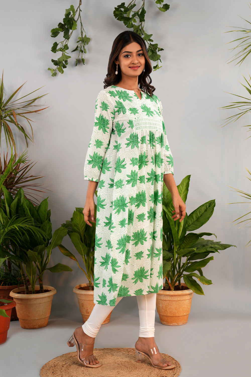 Image of Sap Green Sanganeri block printed kurta