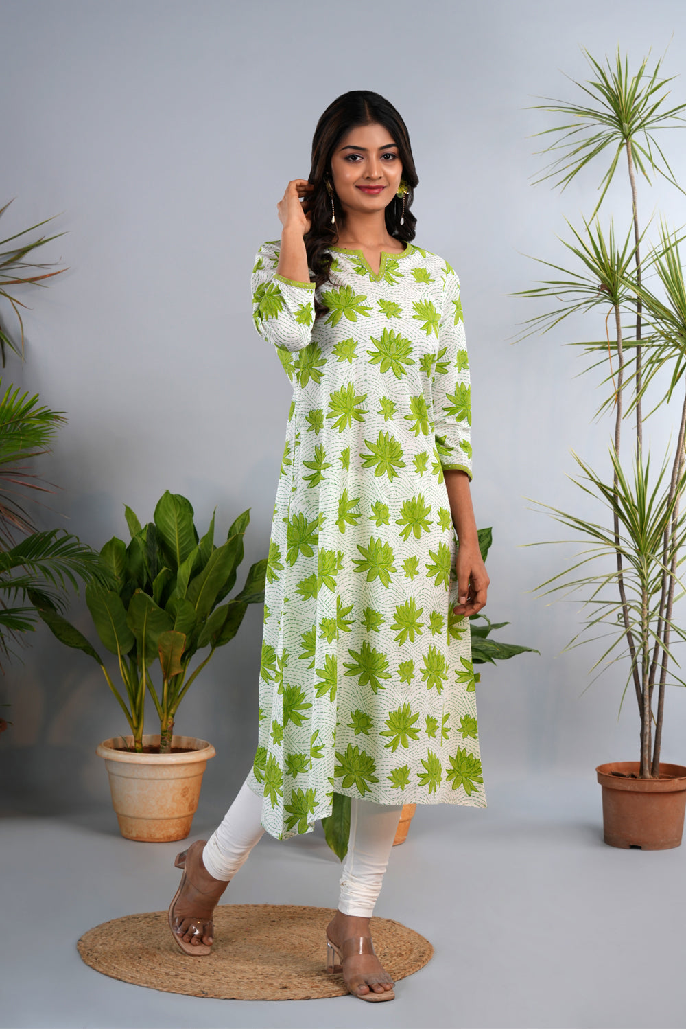 Image of Leaf green Sanganeri block printed kurta