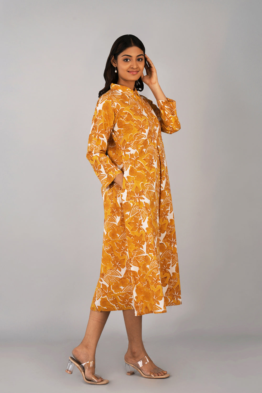 Image of Honey yellow Sanganeri block printed long kurta