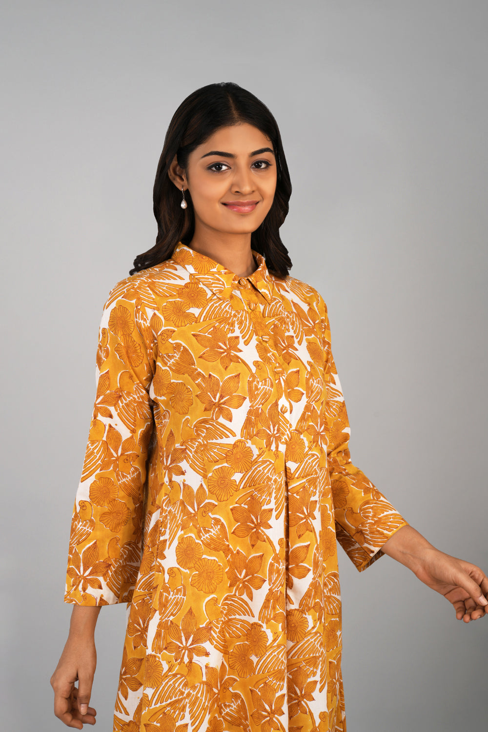 Image of Honey yellow Sanganeri block printed long kurta