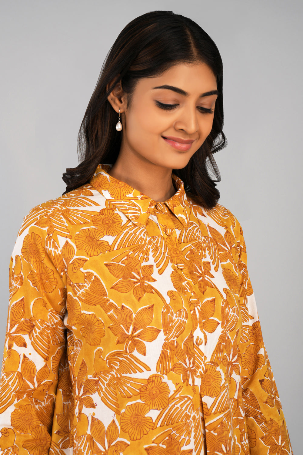 Image of Honey yellow Sanganeri block printed long kurta