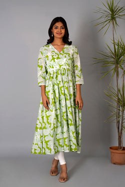 Image of Pista Green block printed long kurta.