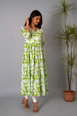 Image of Pista Green block printed long kurta.