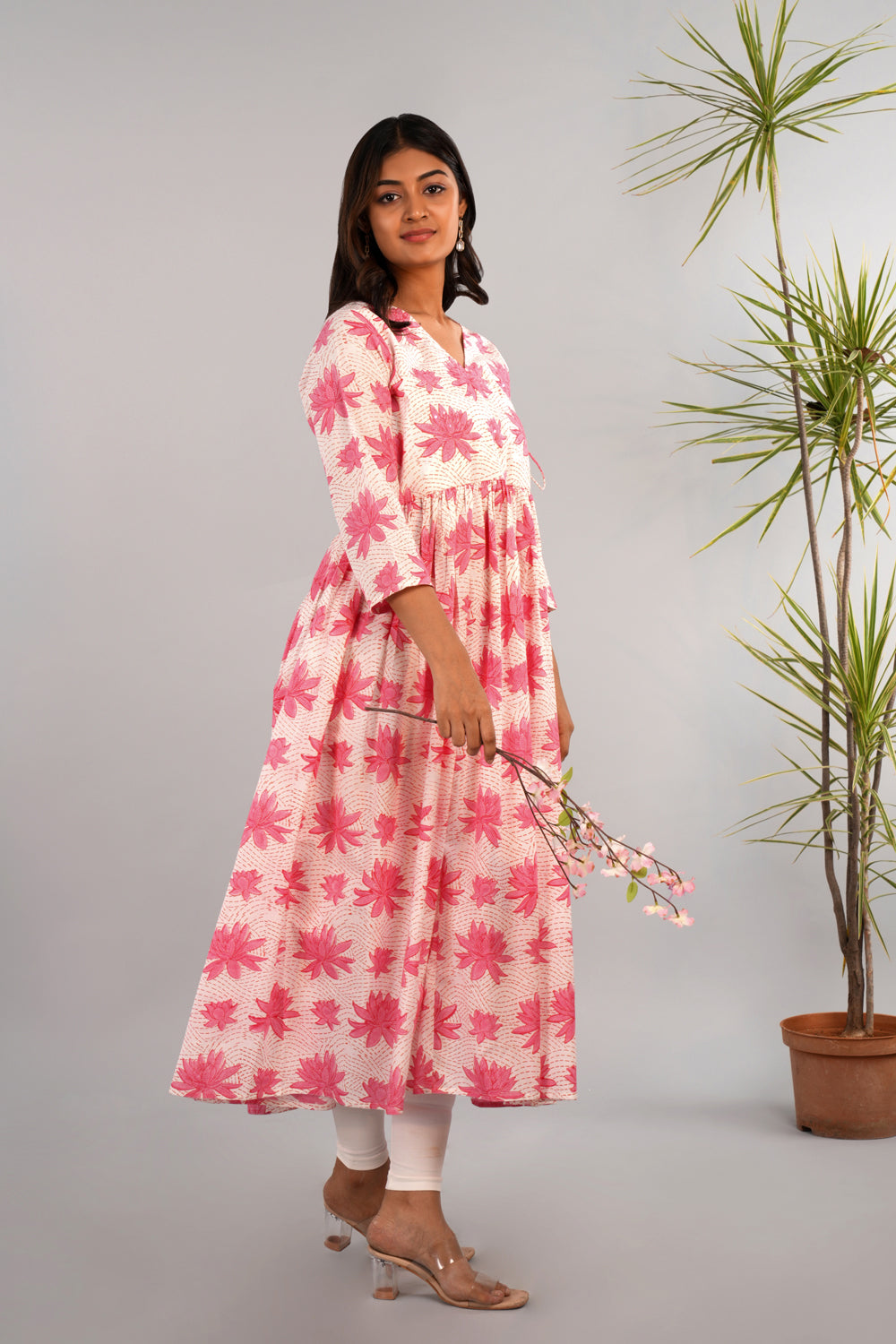 Lotus pink block printed long kurta.