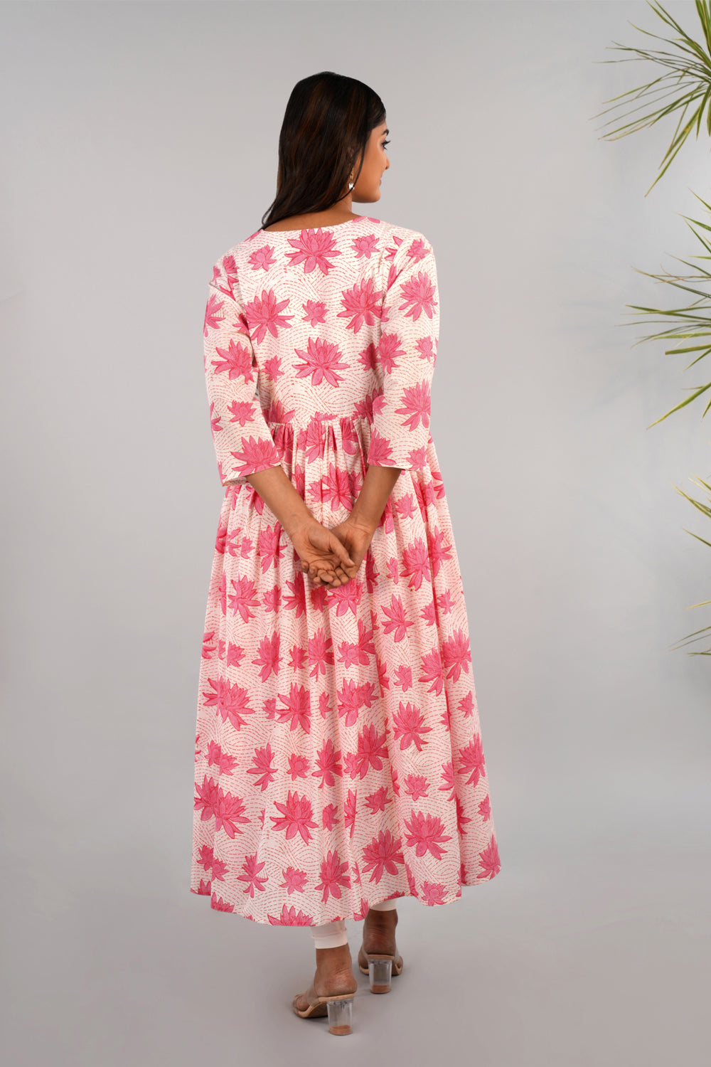 Lotus pink block printed long kurta.
