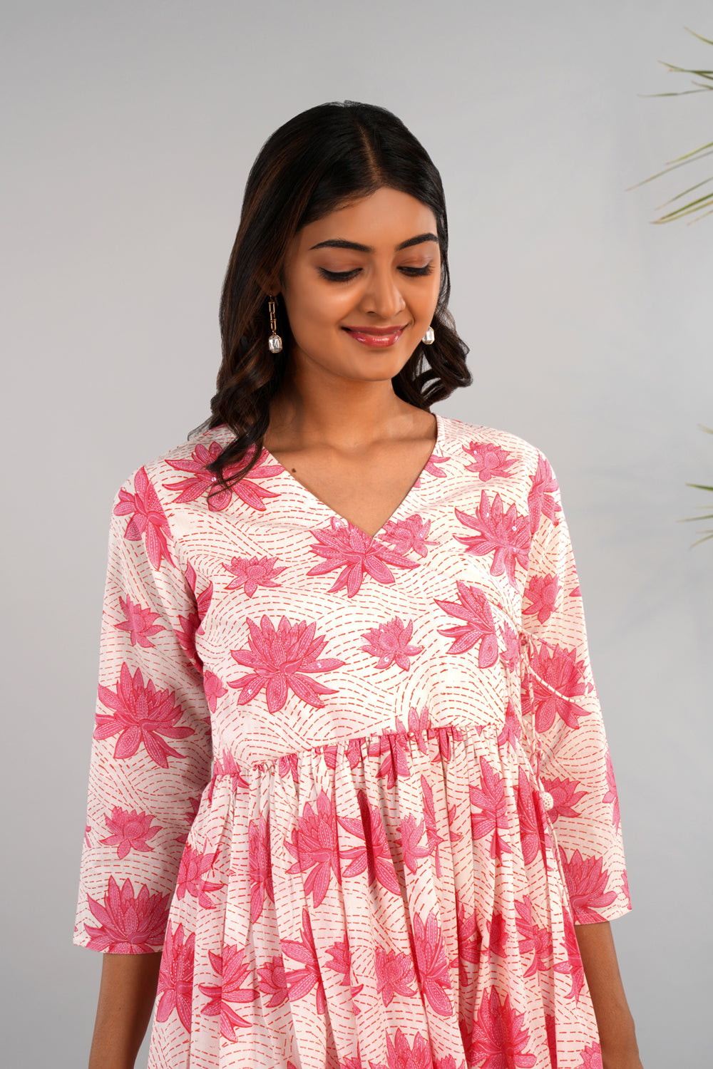 Lotus pink block printed long kurta.