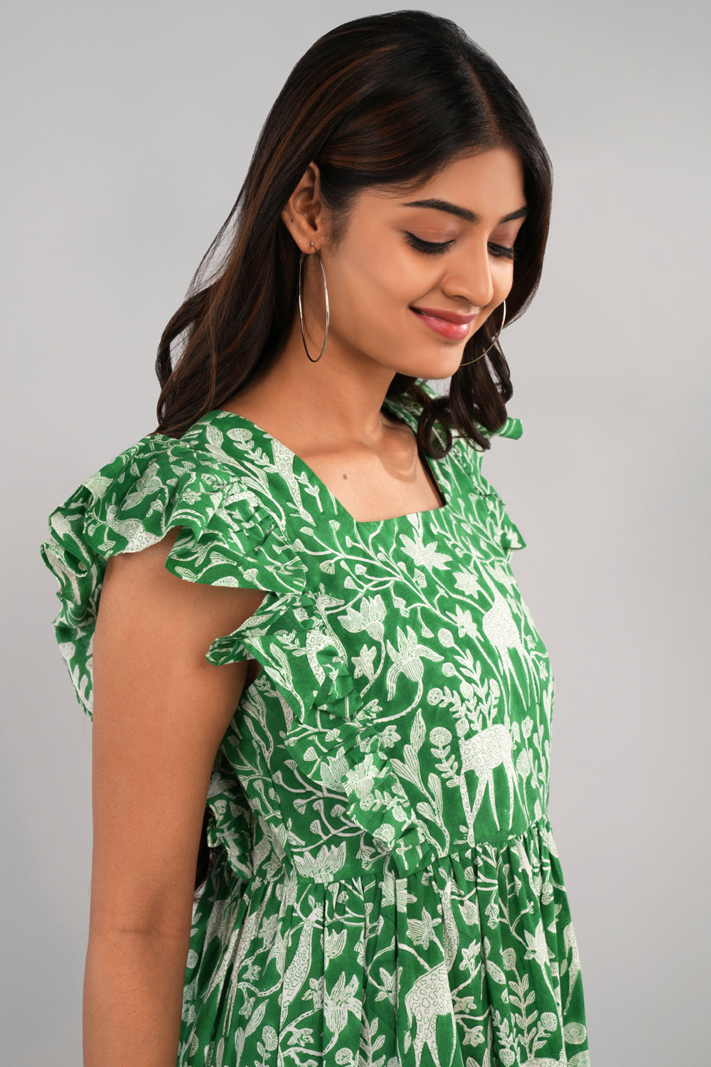 Image of Bright leaf green Sanganeri block printed dress