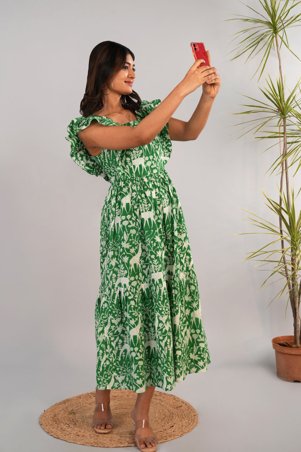 Image of Bright leaf green Sanganeri block printed dress