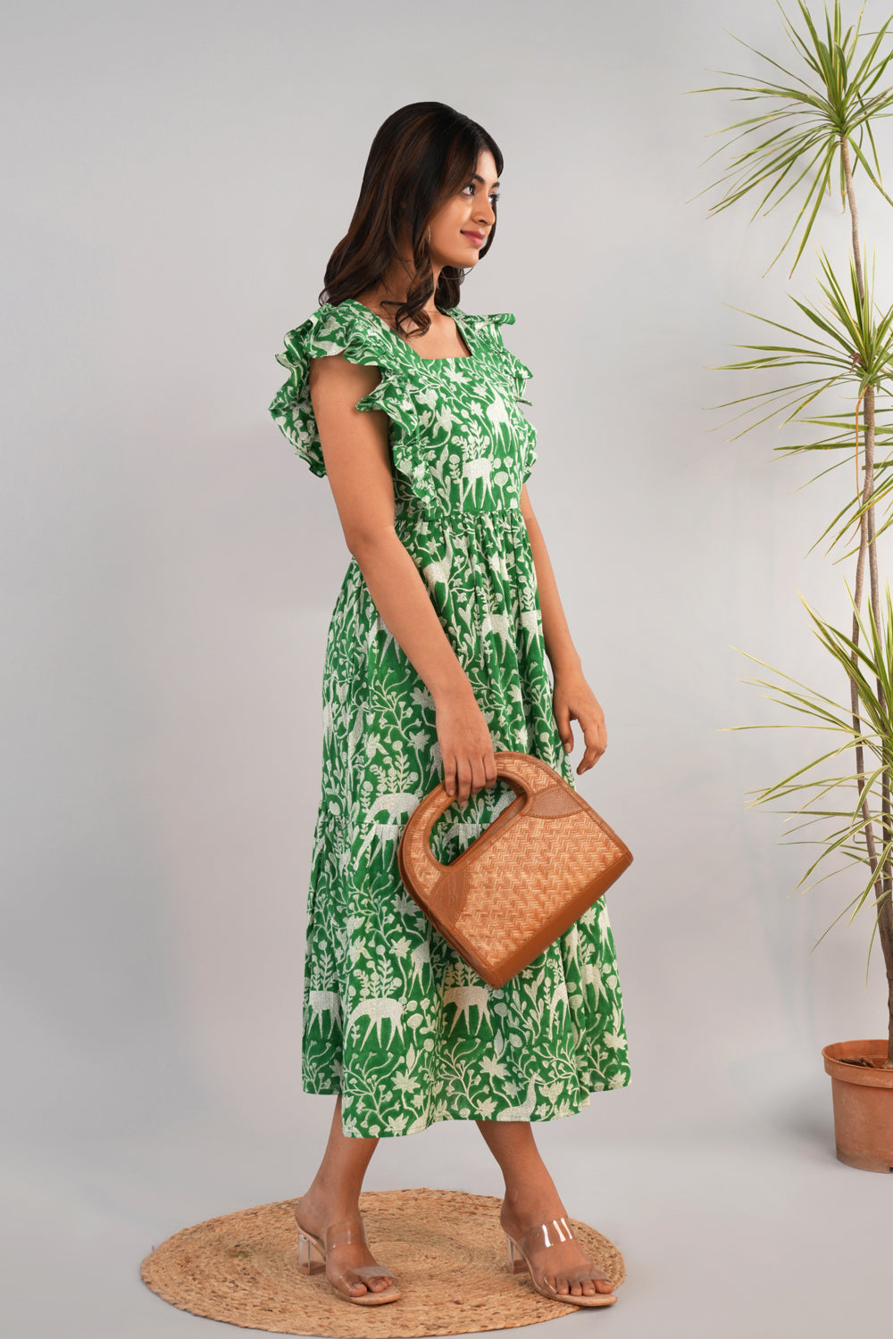 Image of Bright leaf green Sanganeri block printed dress