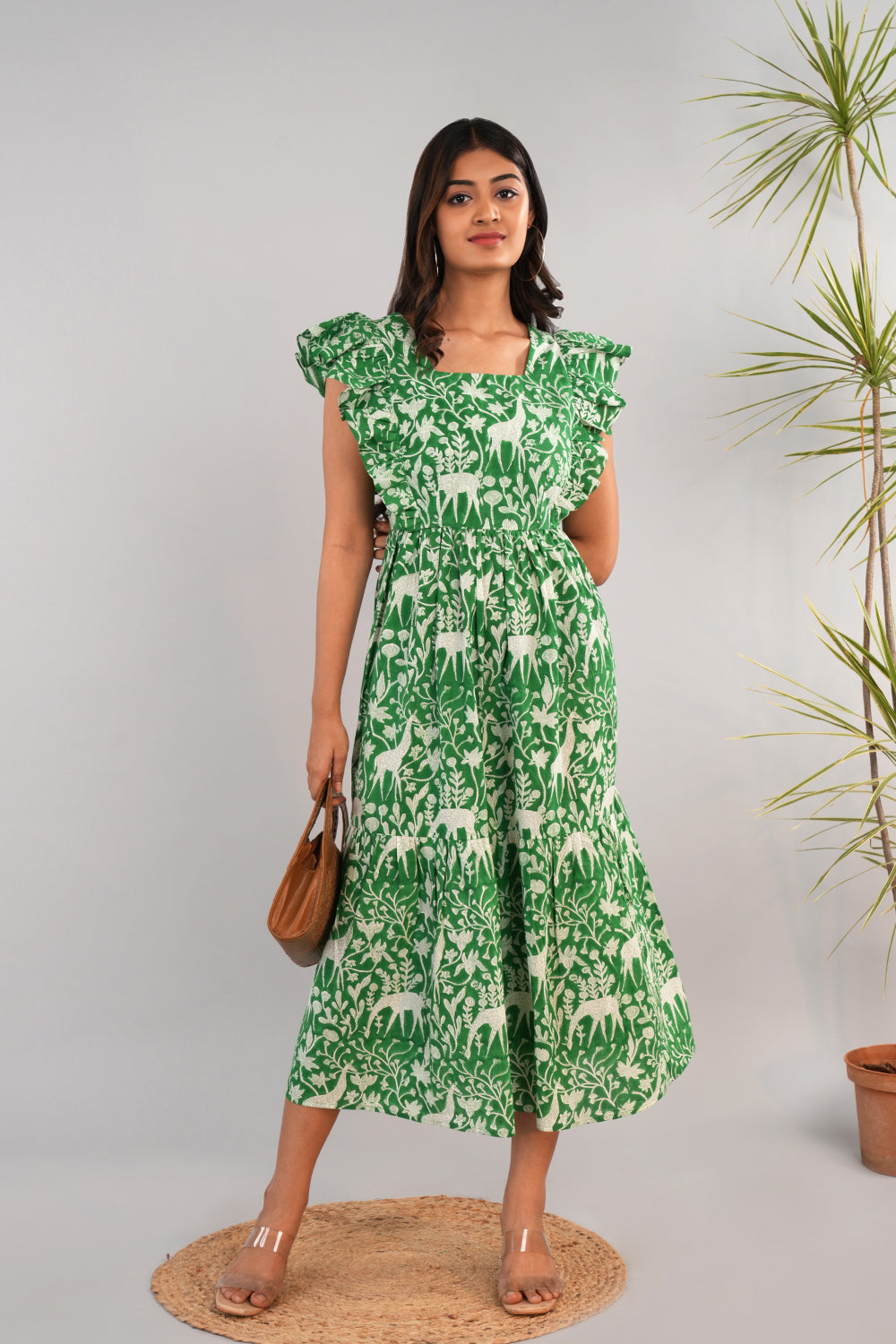 Image of Bright leaf green Sanganeri block printed dress