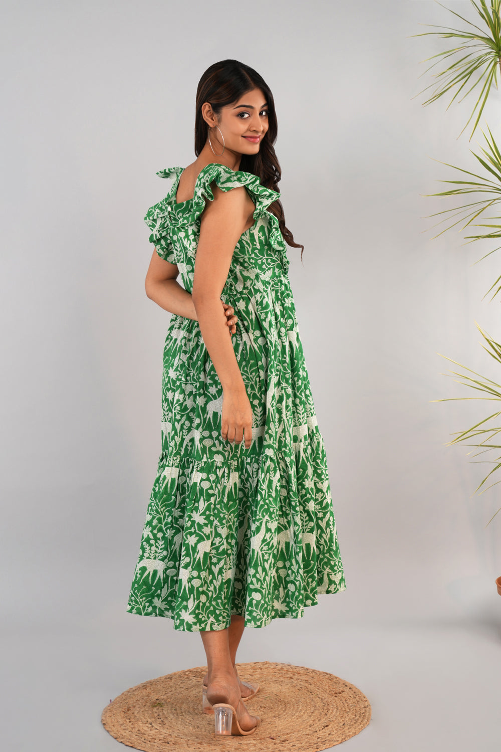 Image of Bright leaf green Sanganeri block printed dress