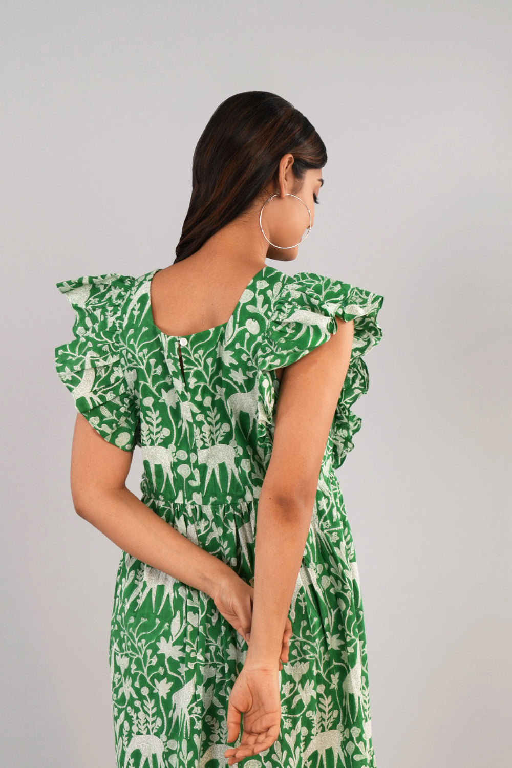 Image of Bright leaf green Sanganeri block printed dress