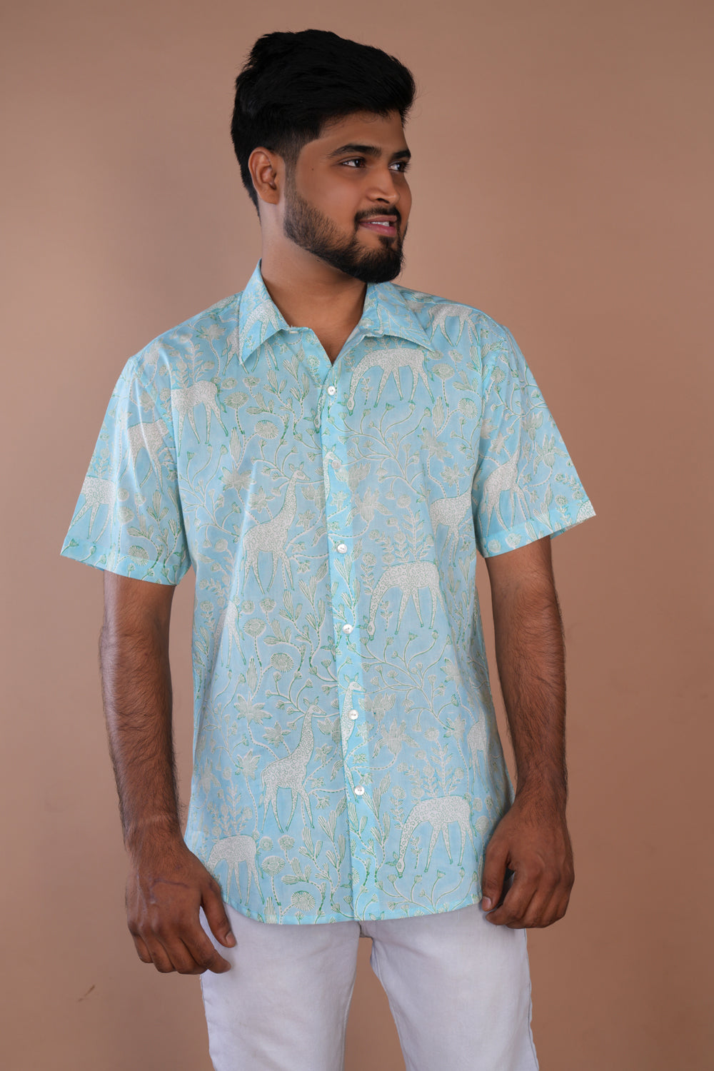 Image of Sky blue handblock printed Mens cotton shirt