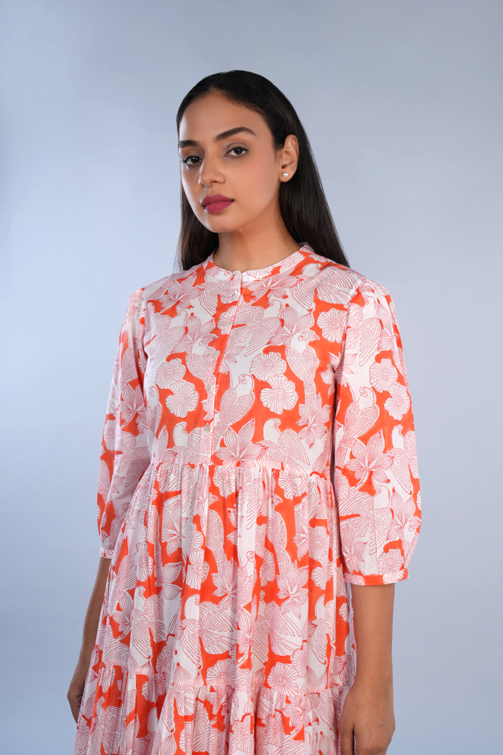 Image of Coral pink Sanganeri block printed pure cotton Western long kurta