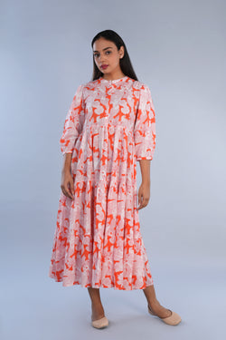 Image of Coral pink Sanganeri block printed pure cotton Western long kurta.