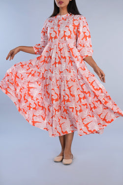 Image of Coral pink Sanganeri block printed pure cotton Western long kurta.