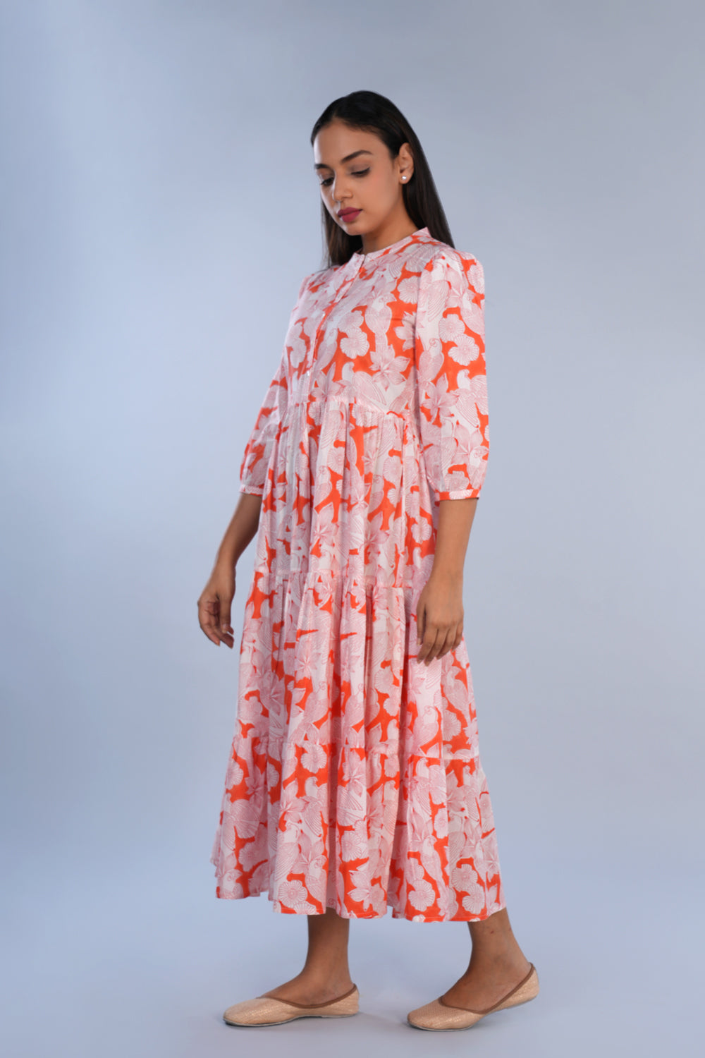 Coral pink Sanganeri block printed pure cotton Western long kurta.