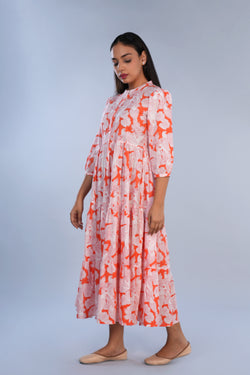 Image of Coral pink Sanganeri block printed pure cotton Western long kurta.