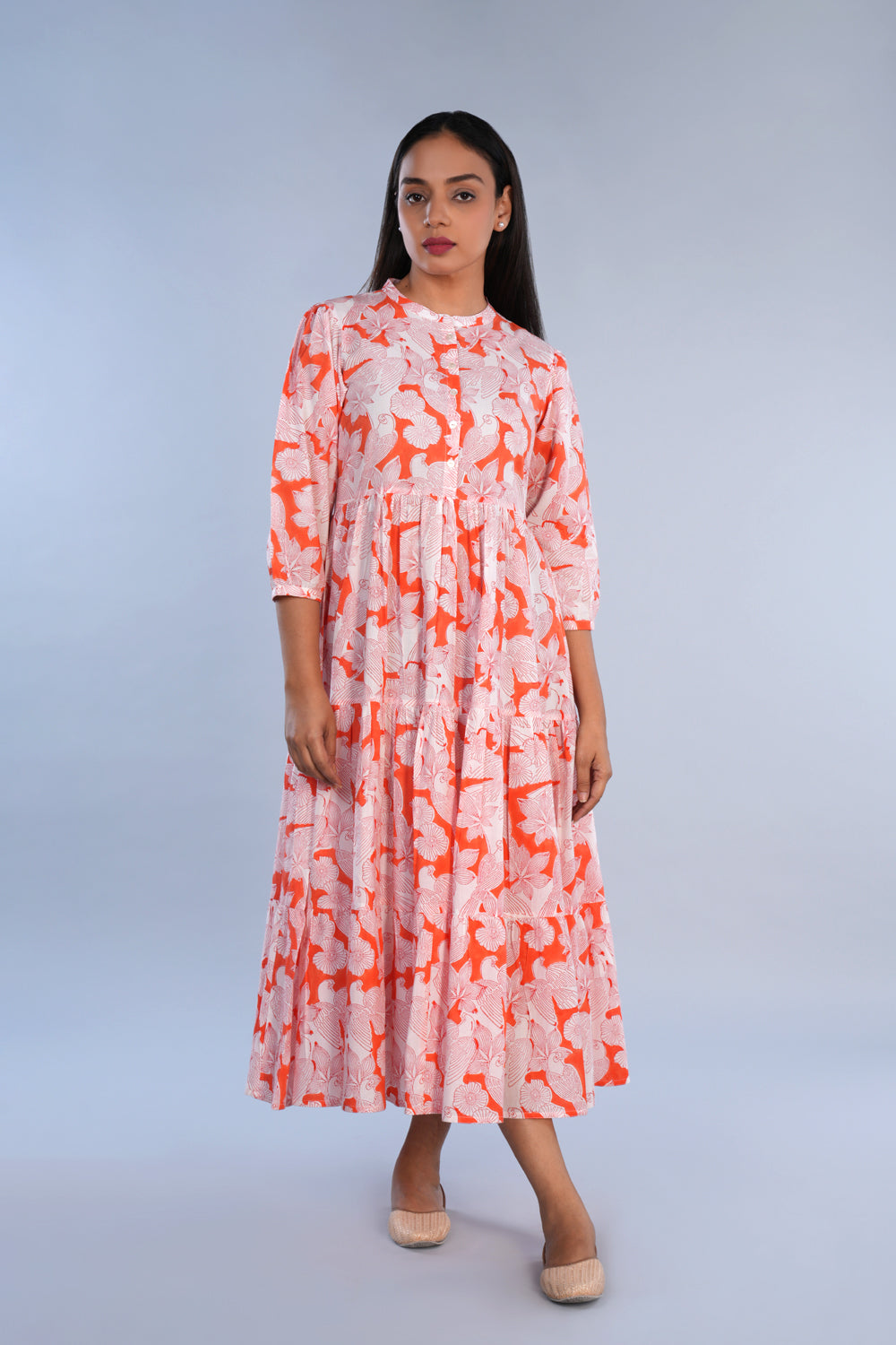 Image of Coral pink Sanganeri block printed pure cotton Western long kurta