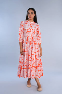 Image of Coral pink Sanganeri block printed pure cotton Western long kurta.