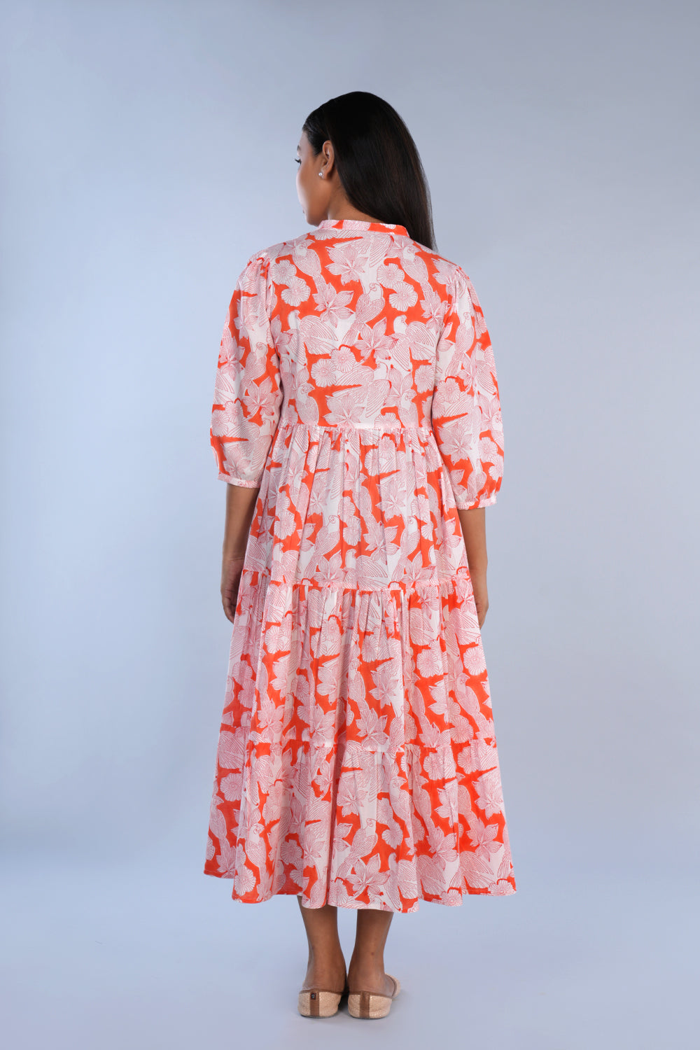 Coral pink Sanganeri block printed pure cotton Western long kurta.