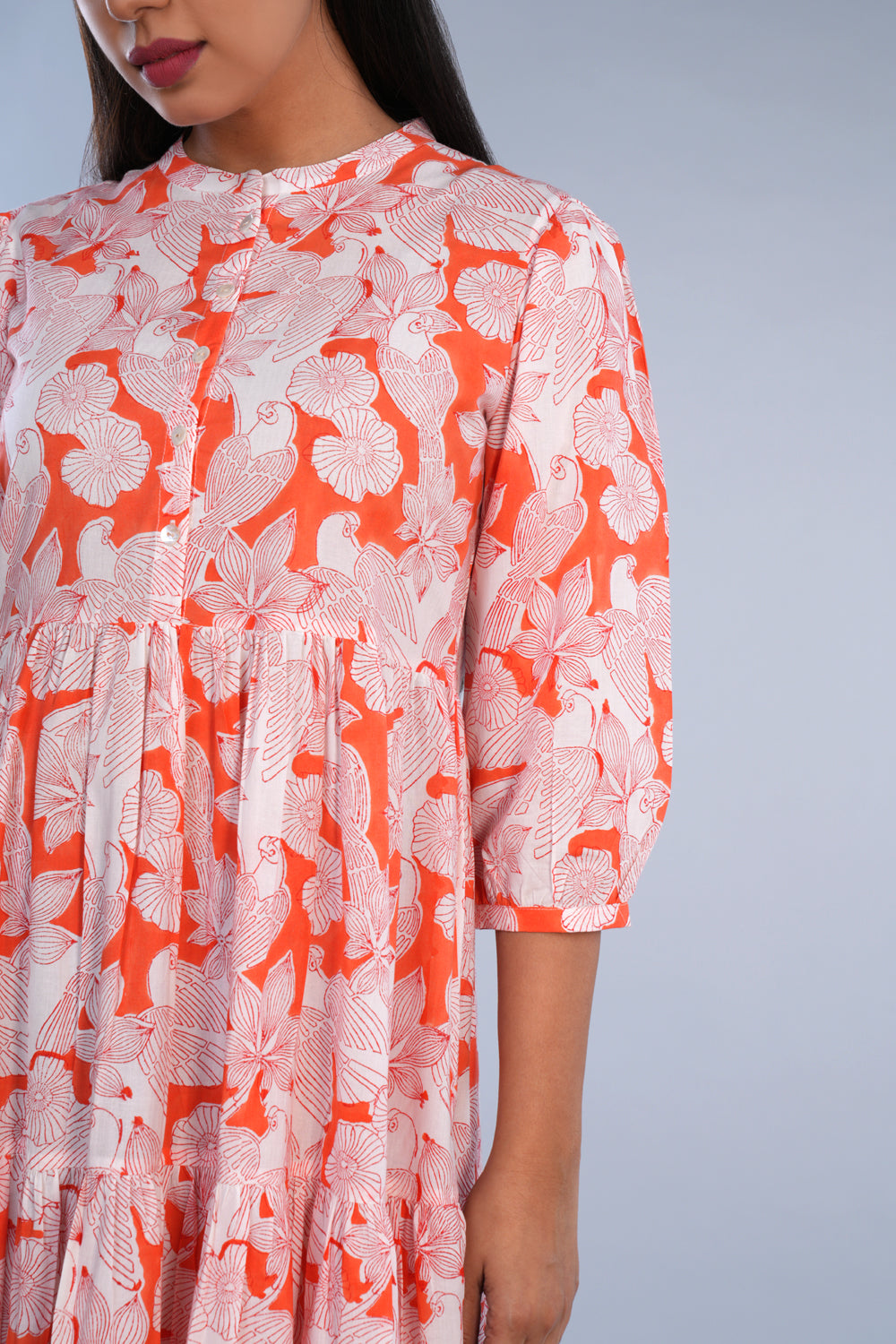 Coral pink Sanganeri block printed pure cotton Western long kurta.