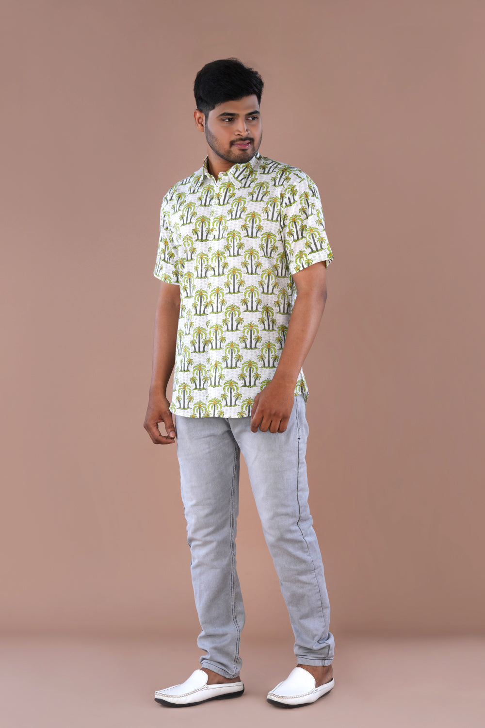 Image of Light green hand block printed Mens cotton shirt