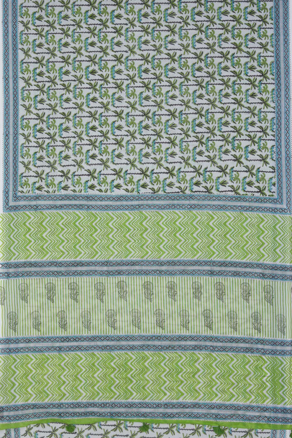 Image of White & Green Sanganeri Handblock Printed Saree