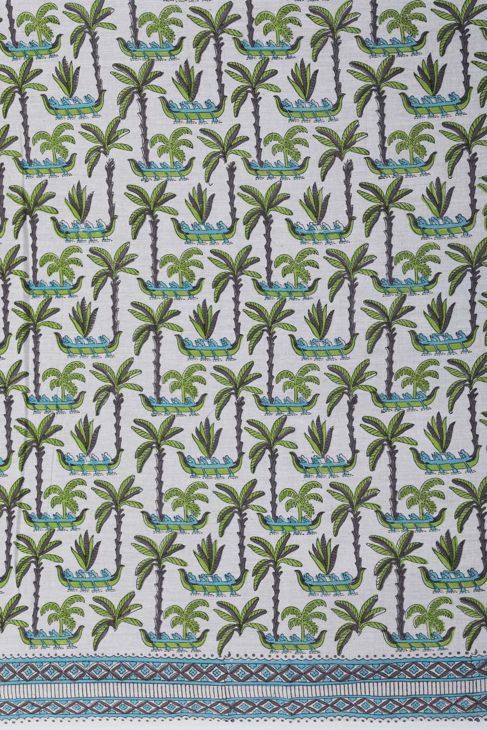 Image of White & Green Sanganeri Handblock Printed Saree