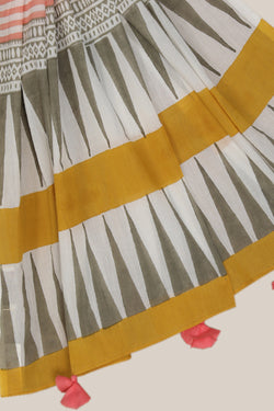 Image of Grey & Yellow sanganeri hand block printed saree.