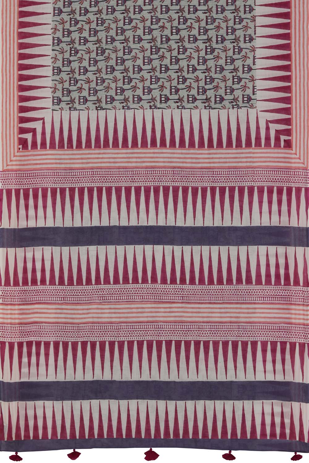 Image of Light Green & Dark Pink Sanganeri Hand Block Printed Saree