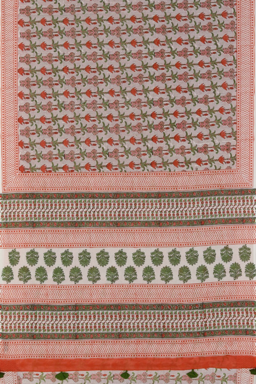 Corel pink & green hand block printed Saree