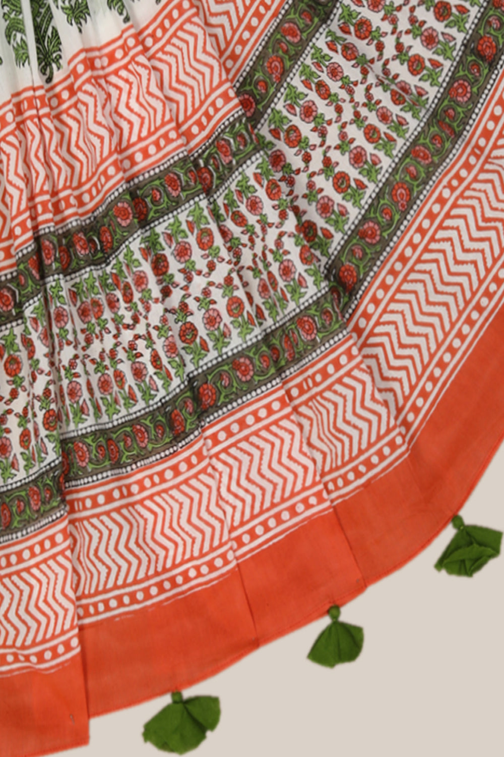Image of Corel Pink & Green Sanganeri Handblock Printe Saree