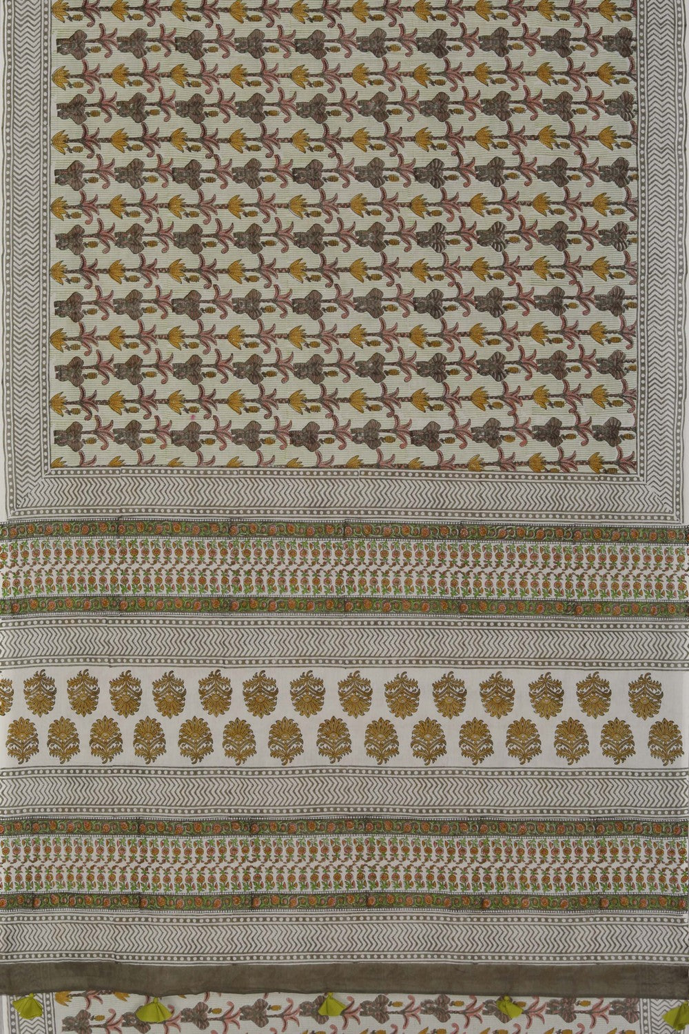 Image of Green Grey Sanganeri Hand Block Printed Saree